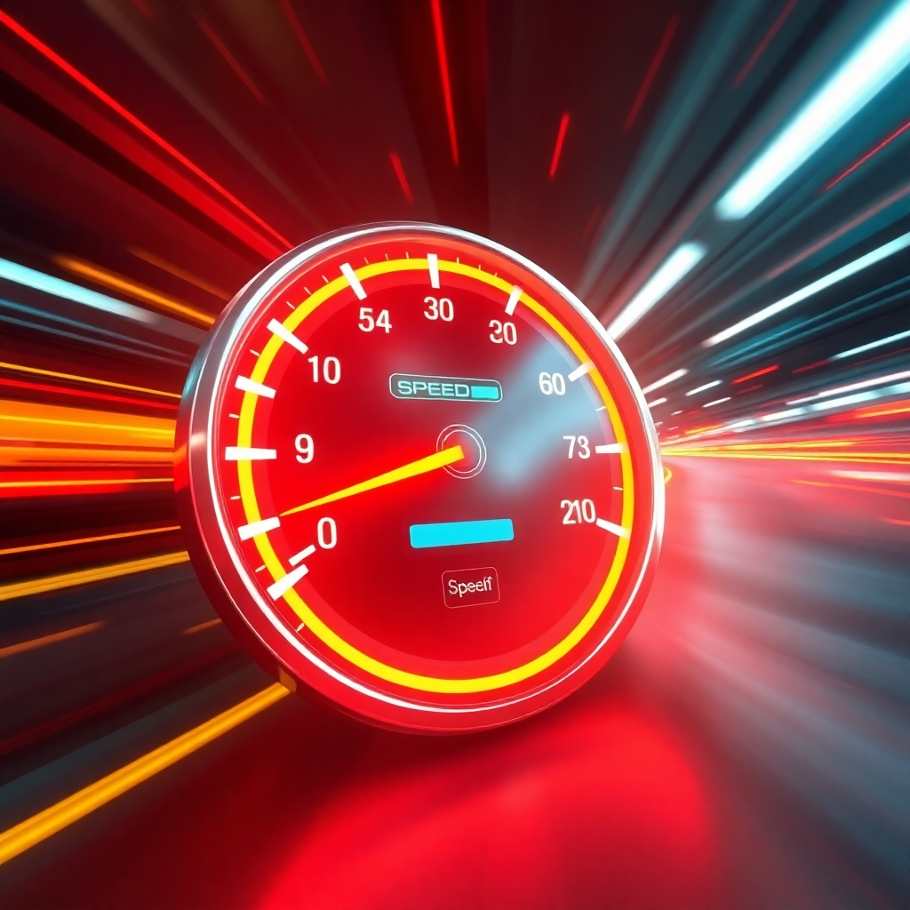 A dynamic image demonstrating speed optimization concepts, showing a digital meter indicating fast loading times with elements representing website components speedily running. The environment feels energetic and fast-paced, with bold colors symbolizing speed like red and yellow. The camera angle should create a sense of motion. Style references: energetic graphics. Technical specs: 4K resolution, high quality.