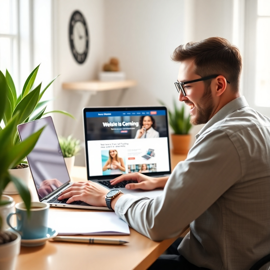 A photorealistic image capturing the essence of website development success, featuring a happy business owner reviewing a well-designed website on a laptop. The workspace is cozy, with plants and a cup of coffee nearby. Bright, airy lighting fills the room, and the color palette features soft tones of blue and white. The camera captures a close-up of the screen, highlighting the website's engaging layout. Style references include contemporary office settings. Technical specs: 4K resolution, high quality.