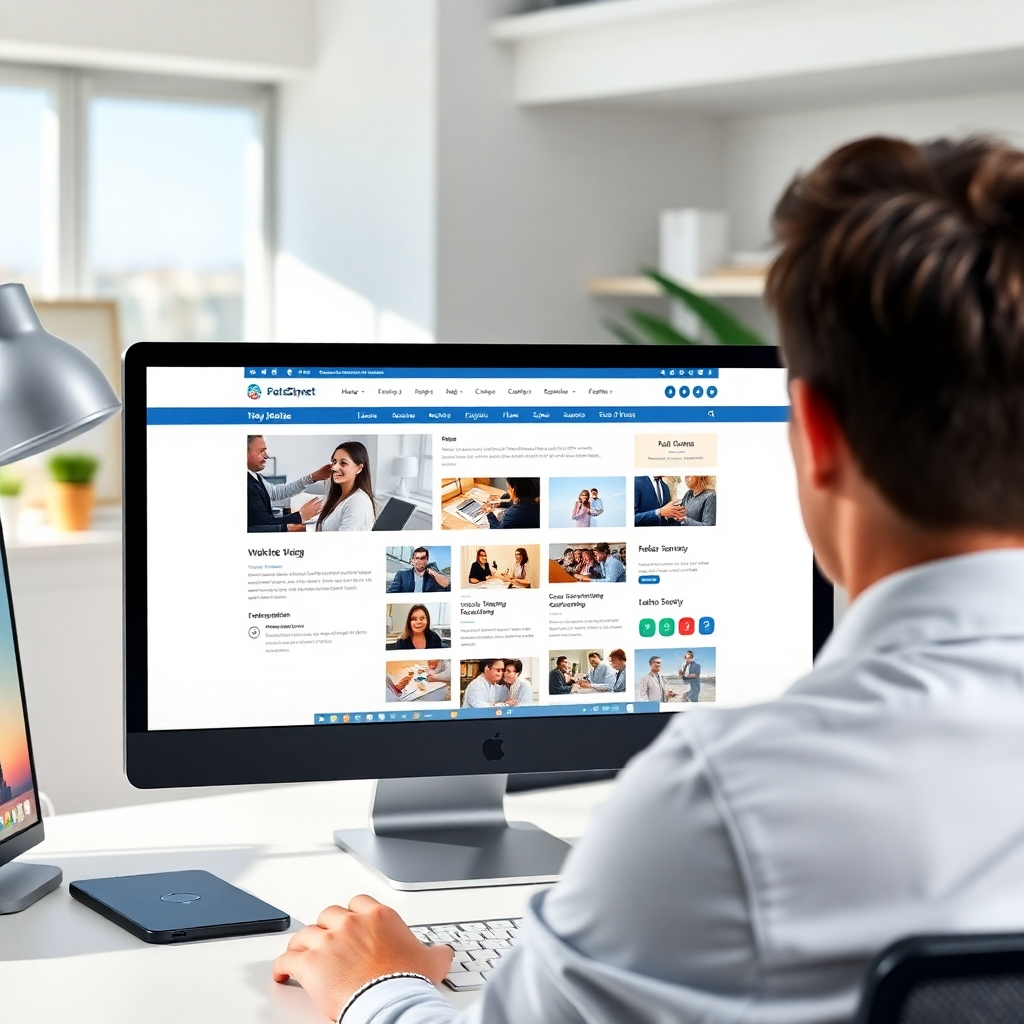 A photorealistic image demonstrating a well-organized website layout on a computer screen. The layout features clear menus, vibrant imagery, and engaging content. The surrounding environment includes a modern workspace with a minimalist aesthetic, natural lighting creating a productive ambiance. The color palette is sleek with white, blue, and grey tones. The camera angle is an over-the-shoulder shot of a user appreciating the design. Style references: sleek modern web design. Technical specs: 4K resolution, high quality.