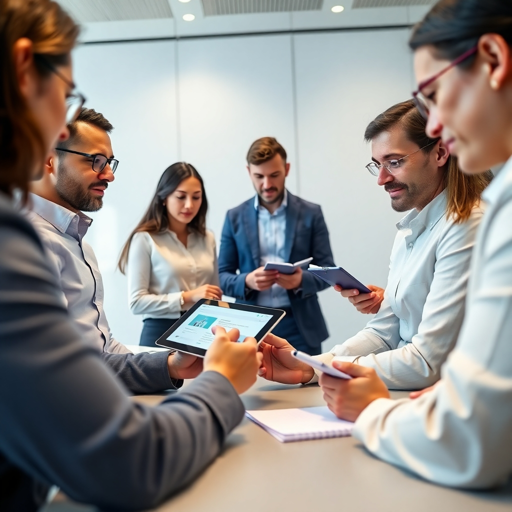 A photorealistic image demonstrating a user testing a website on a tablet, surrounded by team members observing and taking notes. The setting is a professional meeting room with a modern, minimalistic design. Bright lighting highlights the focused expressions of the team. The color scheme consists of light greys and blues. The camera angle captures the interaction and engagement in the testing process. Style references: collaborative workspace. Technical specs: 4K resolution, high quality.