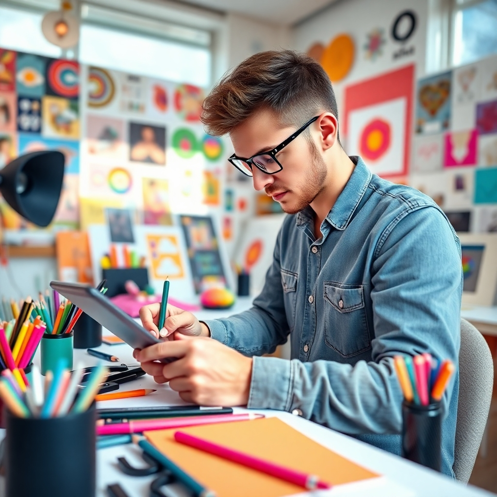 A photorealistic image depicting a web designer at work, sketching layouts on a tablet amid colorful design tools and inspiration boards. The environment is bright with natural light, showcasing a creative workspace filled with art and tech elements. The color palette is vibrant, featuring a blend of pastel and bold colors. The camera angle captures both the designer's concentration and the artistic chaos of their workspace. Technical specs: 4K resolution, high quality.