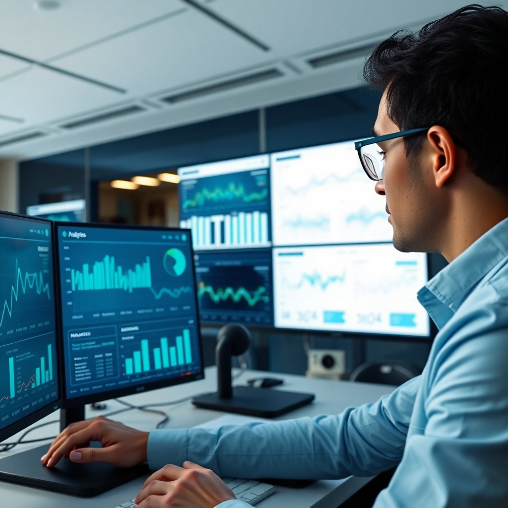 A photorealistic image featuring a marketing analyst reviewing analytics data on multiple screens in a tech-forward office. Screens display website metrics and performance statistics. The lighting is bright with a focus on the screens, and the color palette consists of deep blues and greens. The camera angle shows a close-up of the screens alongside the engaged professional. Style references: modern business environment. Technical specs: 4K resolution, high quality.