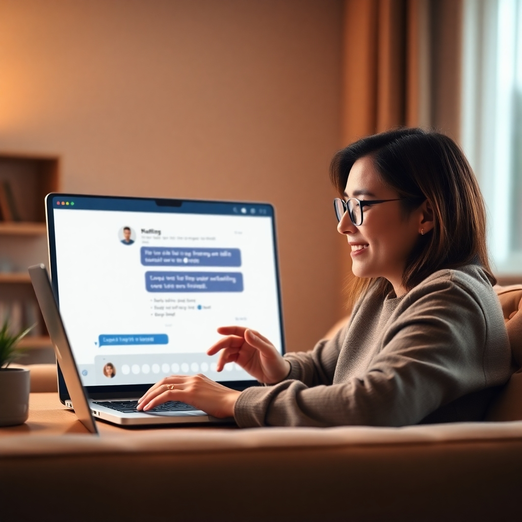 A photorealistic image illustrating an interactive website feature, with a user engaging with a live chat on a laptop. The lighting is soft and inviting, creating a comfortable digital environment. The color palette includes browns and warm tones representing a friendly approach. The camera angle captures the interaction on the screen and the user's engaged expression. Style references: engaging user experience. Technical specs: 4K resolution, high quality.