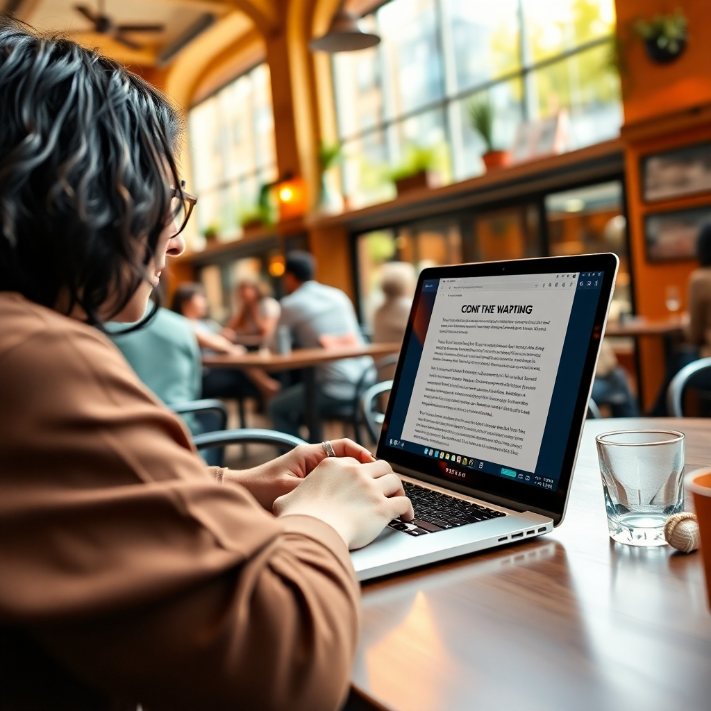 A photorealistic image of a content creator drafting an article on a laptop in a vibrant café. The environment is lively, filled with people, and natural light shining through large windows. The color palette is warm and inviting with earth tones and bright accents. The camera angle captures both the content creator and their laptop screen showcasing the writing process. Style references: cozy workspace aesthetics. Technical specs: 4K resolution, high quality.