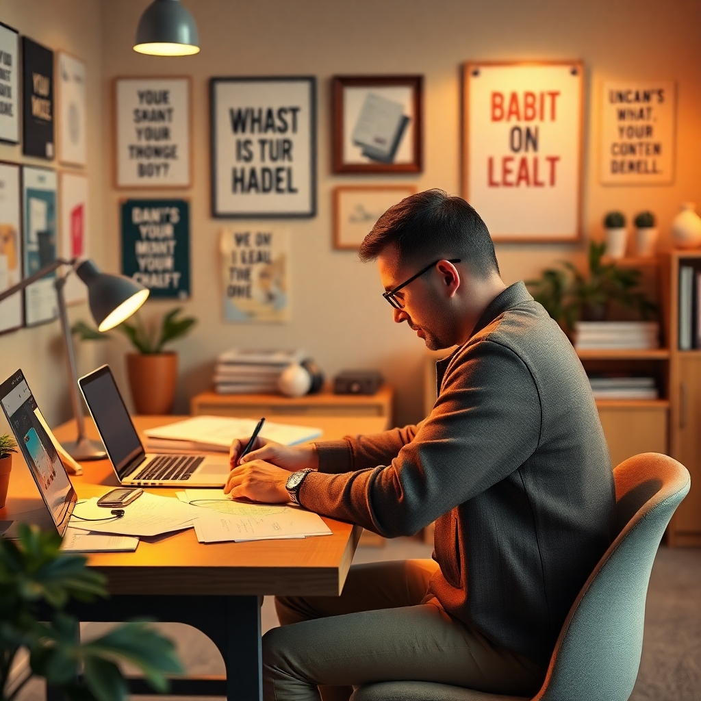 A photorealistic image of a content strategist brainstorming ideas at a desk filled with notes and a laptop in a cozy office. The setting has warm lighting and motivational posters on the wall, fostering creativity. The color palette consists of earth tones and soft hues enhancing a relaxed ambiance. The camera captures a side view of the strategist jotting down ideas. Technical specs: 4K resolution, high quality.