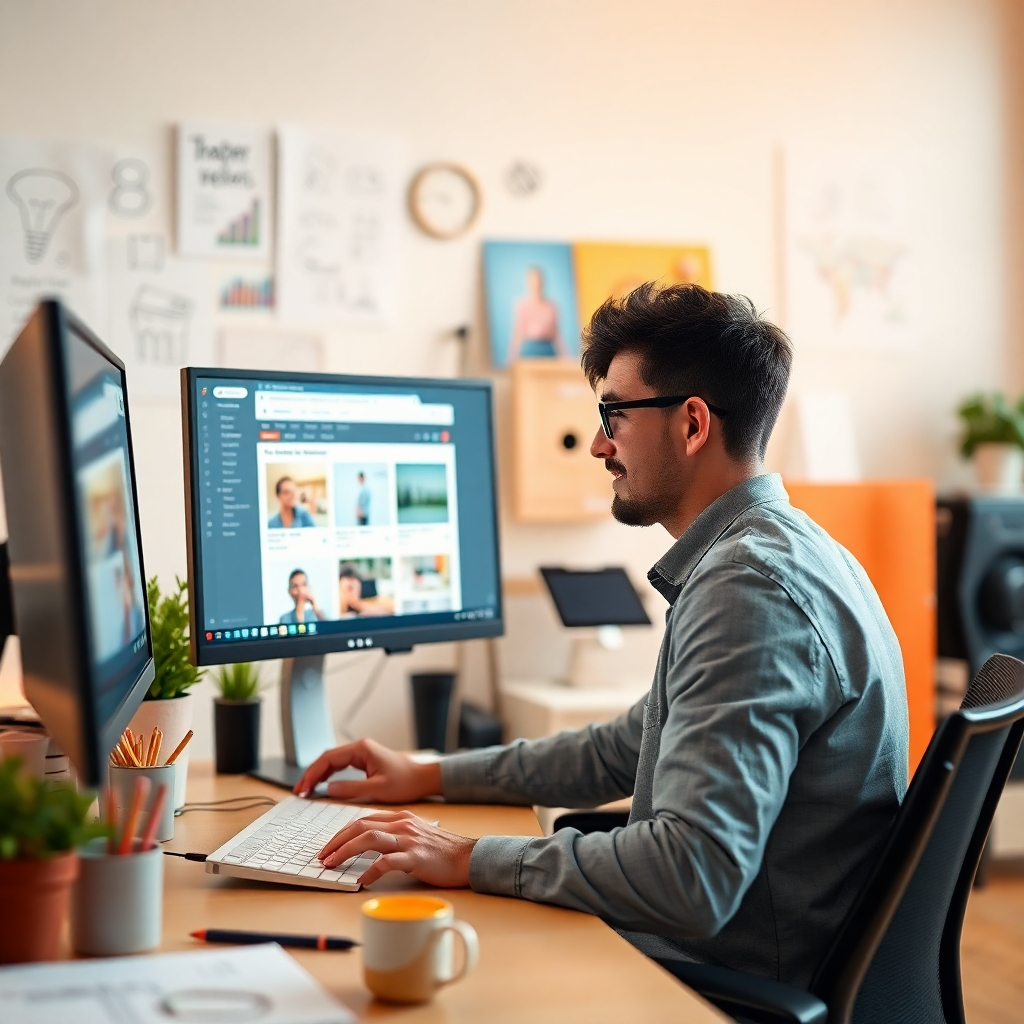 A photorealistic image showing a web developer updating a website on a large screen in a creative office environment, surrounded by inspirational designs and sketches. Soft, warm lighting fosters a welcoming atmosphere. The color palette highlights creativity with pastels and bright accents. The camera angle captures both the developer's focused expression and the screen's fresh content. Style references: creative studio vibes. Technical specs: 4K resolution, high quality.