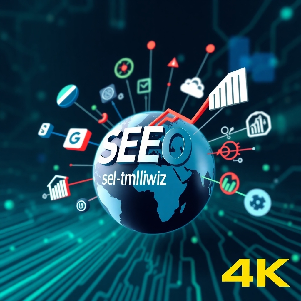 A stylized image illustrating the concept of SEO optimization, featuring various search engine symbols and growth graphs radiating from a digital globe. The background is a tech-inspired design with lines representing connectivity. The color palette incorporates deep blues and greens symbolizing technology and growth. The camera angle strategically showcases the graphics in motion. Technical specs: 4K resolution, high quality.