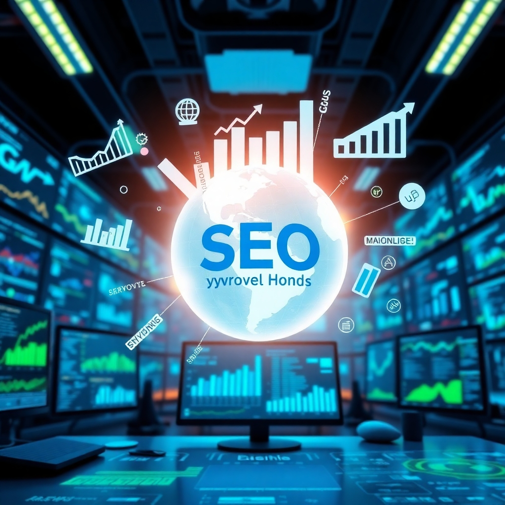 A stylized image illustrating SEO concepts, with graphs, charts, and keywords floating around a glowing globe. The backdrop shows an energetic digital workspace with screens filled with analytic data. The lighting is dynamic and tech-oriented, enhancing the concept of digital growth. The color palette features vivid blues and greens to represent technology and growth. The camera angle is slightly angled from above focusing on the screen activity. Style references: infographic style. Technical specs: 4K resolution, high quality.
