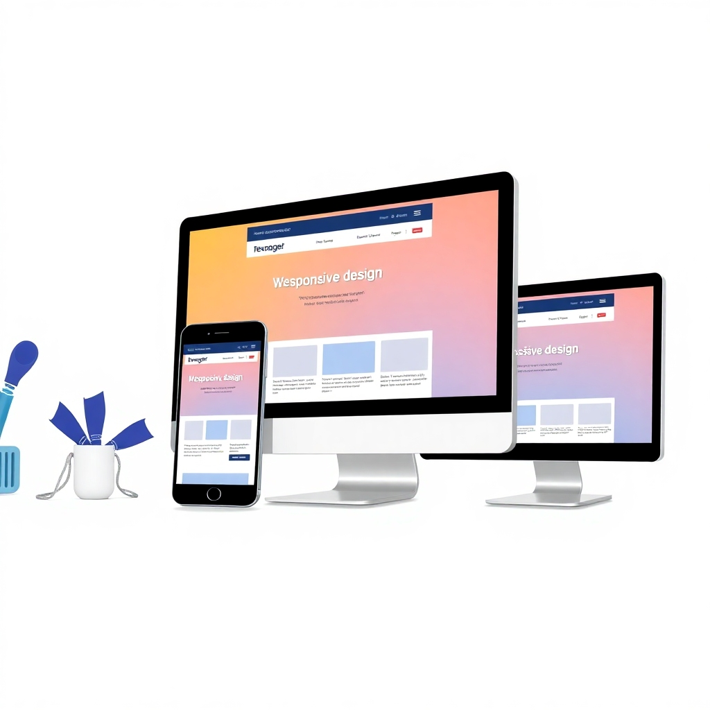 A stylized image illustrating a split-screen view showcasing a website's responsive design on different devices: a smartphone, tablet, and desktop. The vibrant colors enhance visual appeal while demonstrating adaptability. The backdrop suggests a clean digital working space. The camera angle is slightly tilted to encompass all devices. Style references: digital innovation graphics. Technical specs: 4K resolution, high quality.